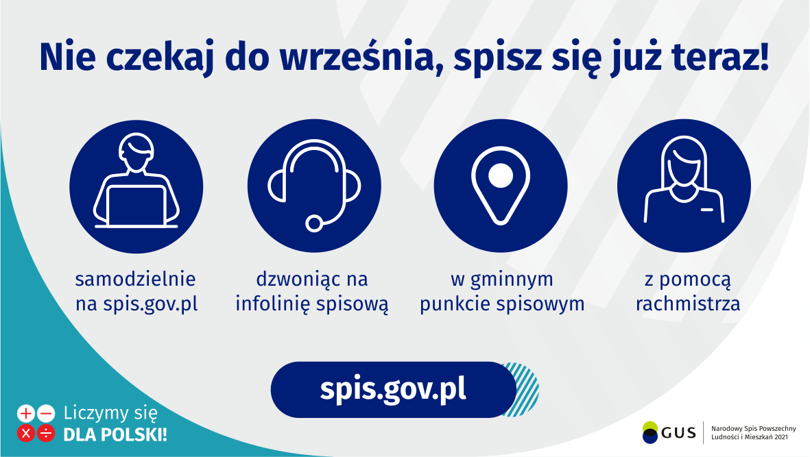 Na grafice jest napis: Nie czekaj do września, spisz się już teraz! Samodzielnie na spis.gov.pl, dzwoniąc na infolinię spisową, w gminnym punkcie spisowym, z pomocą rachmistrza. Na dole grafiki są cztery małe koła ze znakami dodawania, odejmowania, mnożenia i dzielenia, obok nich napis: Liczymy się dla Polski! Po środku jest adres strony internetowej: spis.gov.pl. W prawym dolnym rogu jest logotyp spisu: dwa nachodzące na siebie pionowo koła, GUS, pionowa kreska, Narodowy Spis Powszechny Ludności i Mieszkań 2021.